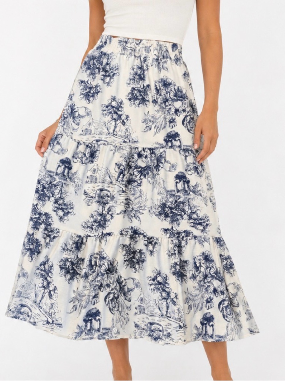 Haver & Blair White and Navy Floral Tiered maxi Skirt broomstick tiered SZ XL
